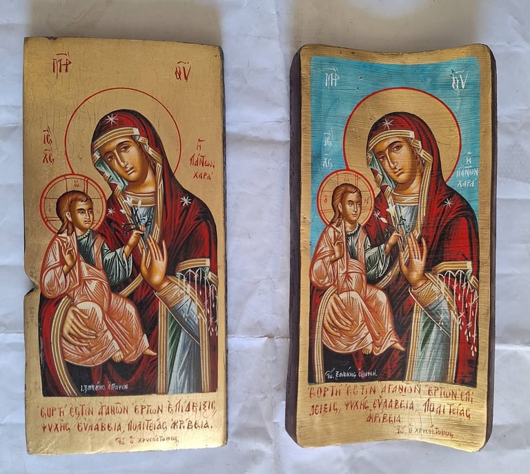 Two religious icons depicting Mary with child Jesus, one with beige background and one with blue background, traditional Orthodox Christian artwork