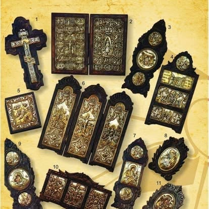 Collection of ornate Orthodox religious items including crosses, icons, and medallions with gold detailing on black backgrounds