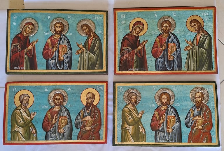 Four Byzantine religious icons arranged in a grid, each depicting three figures with halos against turquoise backgrounds and ornate frames.