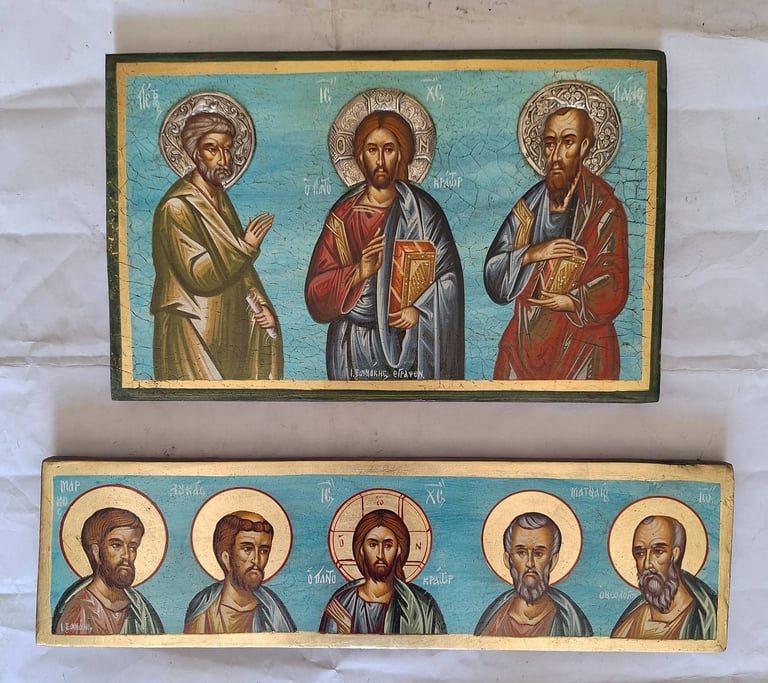 Two Byzantine religious icons showing apostles and saints with halos, painted in traditional style with gold leaf on turquoise backgrounds