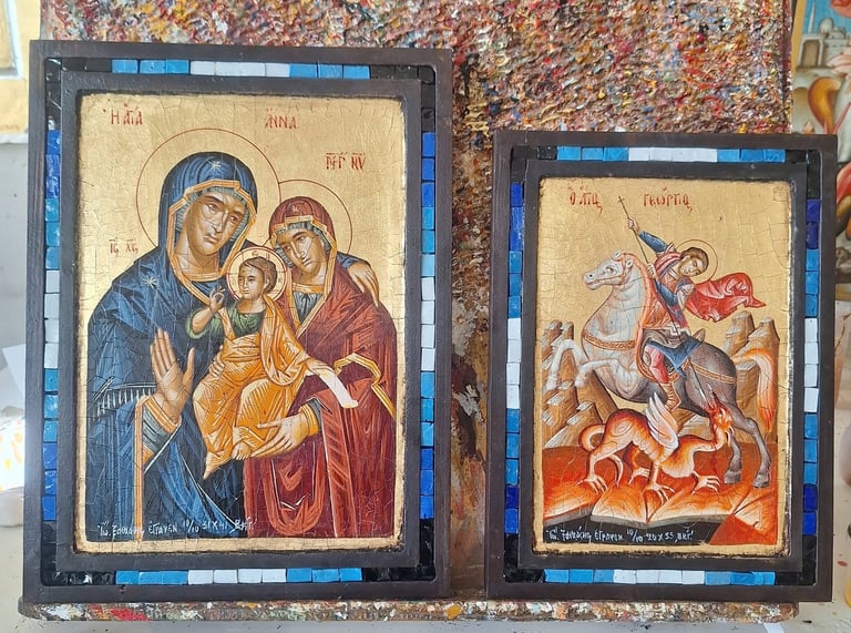 Two Byzantine-style religious icons with ornate blue borders depicting Christian figures and saints in gold and red tones