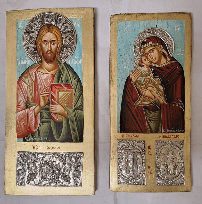 Two antique Byzantine-style religious icons on aged parchment, left showing Christ Pantocrator with halo and red gospel book, right showing Virgin Mary holding Christ child