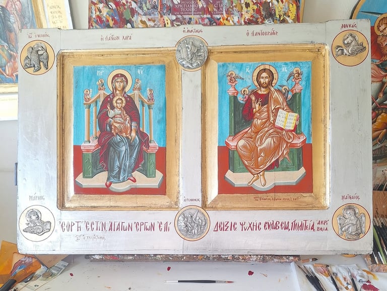 Two Eastern Orthodox religious icons depicting Mary with child on left and Jesus Christ on right, surrounded by smaller circular medallions on a cream-colored background