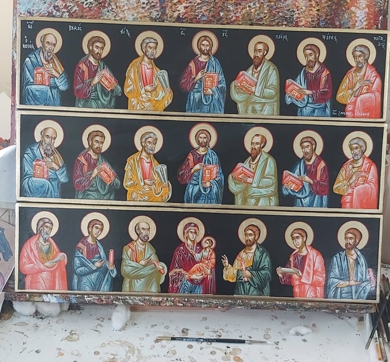 Ancient religious icon artwork depicting three rows of seven figures with halos wearing robes and holding sacred objects, displayed on weathered surface