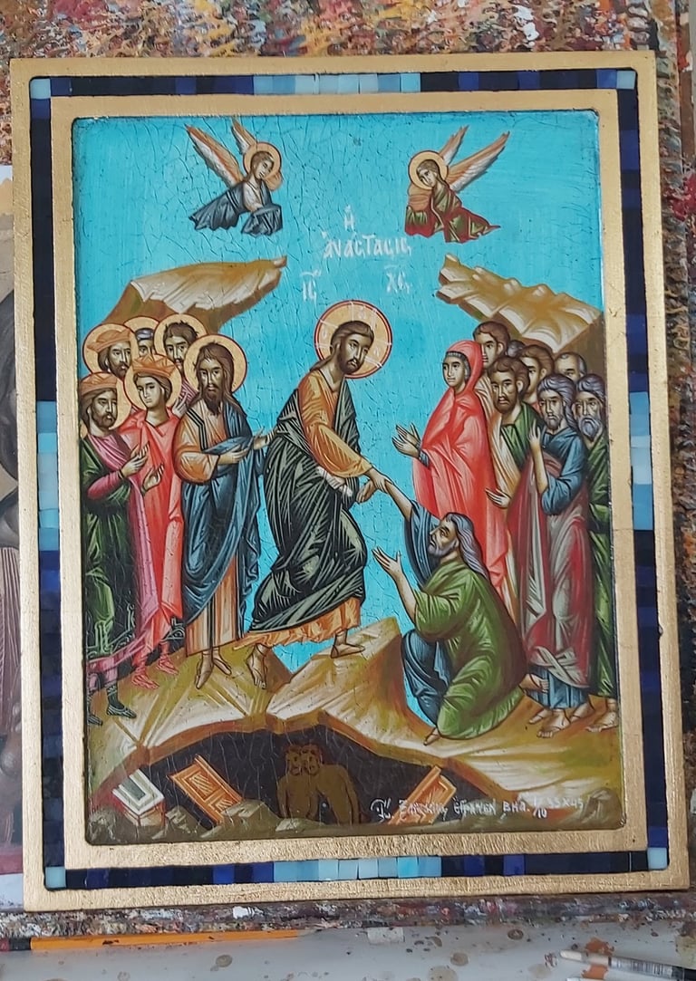 Byzantine religious icon depicting Jesus Christ with followers and angels against turquoise background with ornate gold border