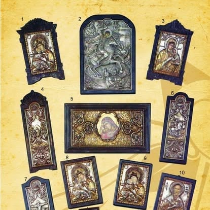 Collection of 10 numbered religious icons and ornamental plaques arranged on a yellow background, featuring Byzantine-style artwork with figures and decorative frames