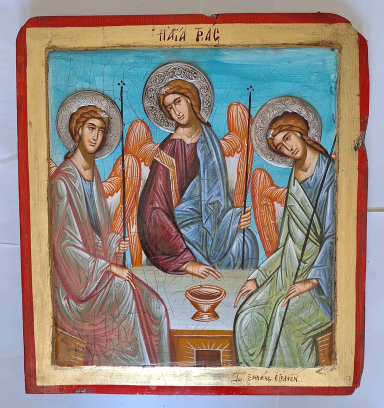 Orthodox religious icon depicting three haloed saints in robes with palm branches and a vessel, painted in traditional Byzantine style