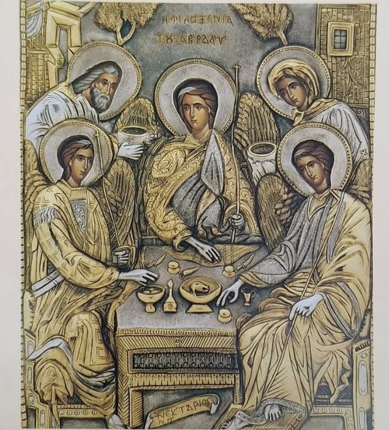 Byzantine religious icon depicting five haloed angels gathered around a table with liturgical objects and religious implements