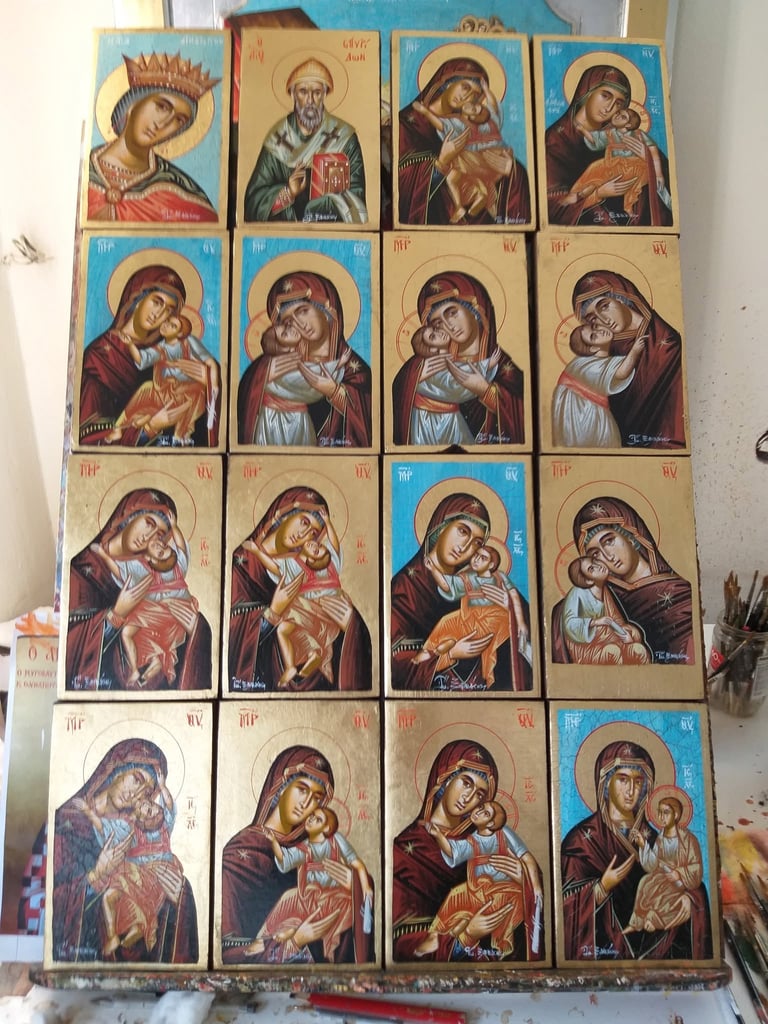 Grid of 16 Eastern Orthodox religious icon panels featuring Jesus Christ and Mary in various traditional poses with gold leaf details