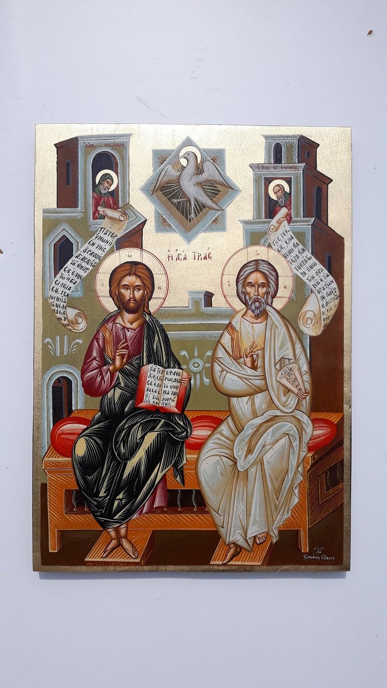 Orthodox religious icon depicting Christ and another saint seated on a bench with ornate architecture and symbolic imagery above them