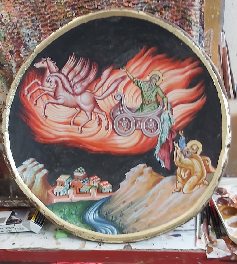Circular wooden panel depicting a fiery chariot in the sky with horses and an angel below a nighttime village landscape