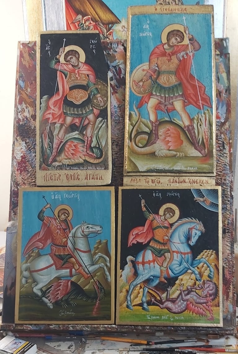 Collection of four Orthodox Christian religious icons depicting Saint George slaying a dragon in traditional iconographic style