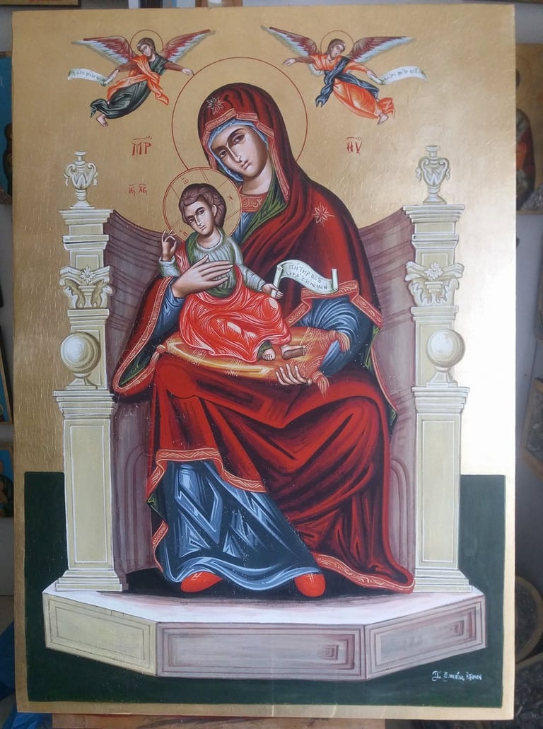 Byzantine-style religious icon depicting Mary holding baby Jesus, seated on a throne, flanked by angels and ornamental columns on gold background
