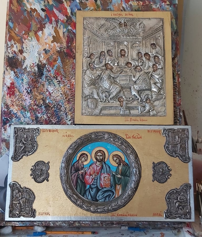 Two historical religious engravings displayed on a colorful paint-splattered surface. Top: scene with multiple figures in an ornate interior. Bottom: circular icon depicting Christ with saints in Byzantine style.
