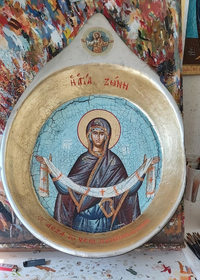 Orthodox religious icon plate with Byzantine-style portrait of a robed figure with halo and Greek text inscriptions