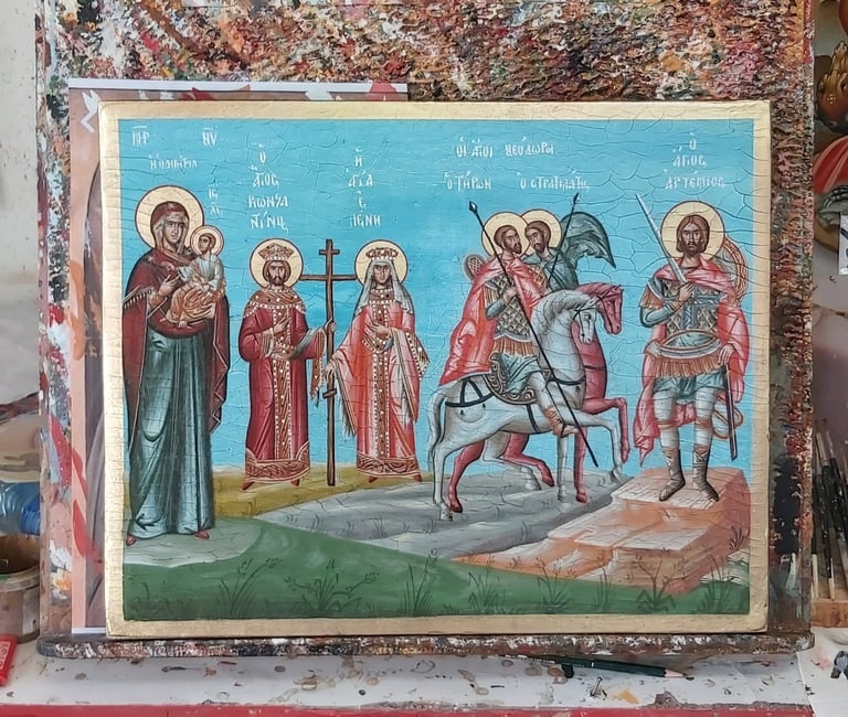 Orthodox religious icon showing Virgin Mary with saints and angel on turquoise background, mounted on weathered wooden frame