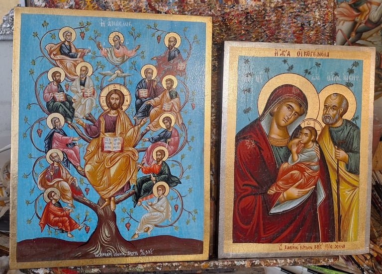 Two Orthodox Christian religious icons displayed side by side. Left icon depicts a tree with multiple saints. Right icon shows Mary holding Jesus with Saint Joseph.